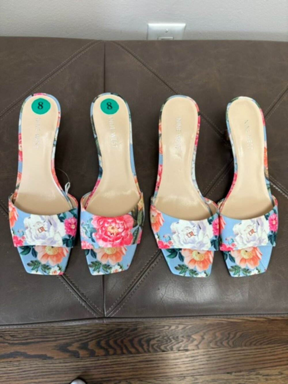 Brand New Nine West Blue Floral Square-Toe Slide Kitten Heels
